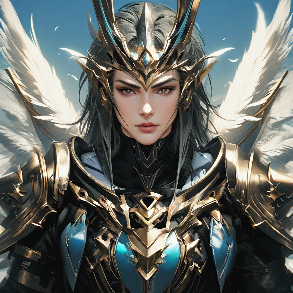 portrait man omega celestial with sacred armor, falling angel feathers, in the style of realism, 8k, estilo Angel Sanctuary, realisitic