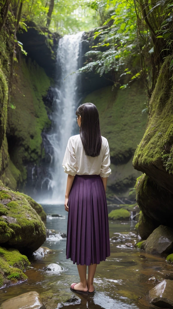 A woman stands with her back to a waterfall,Nahida_Genshin Impact, Cruciform pupil,Shortcuts