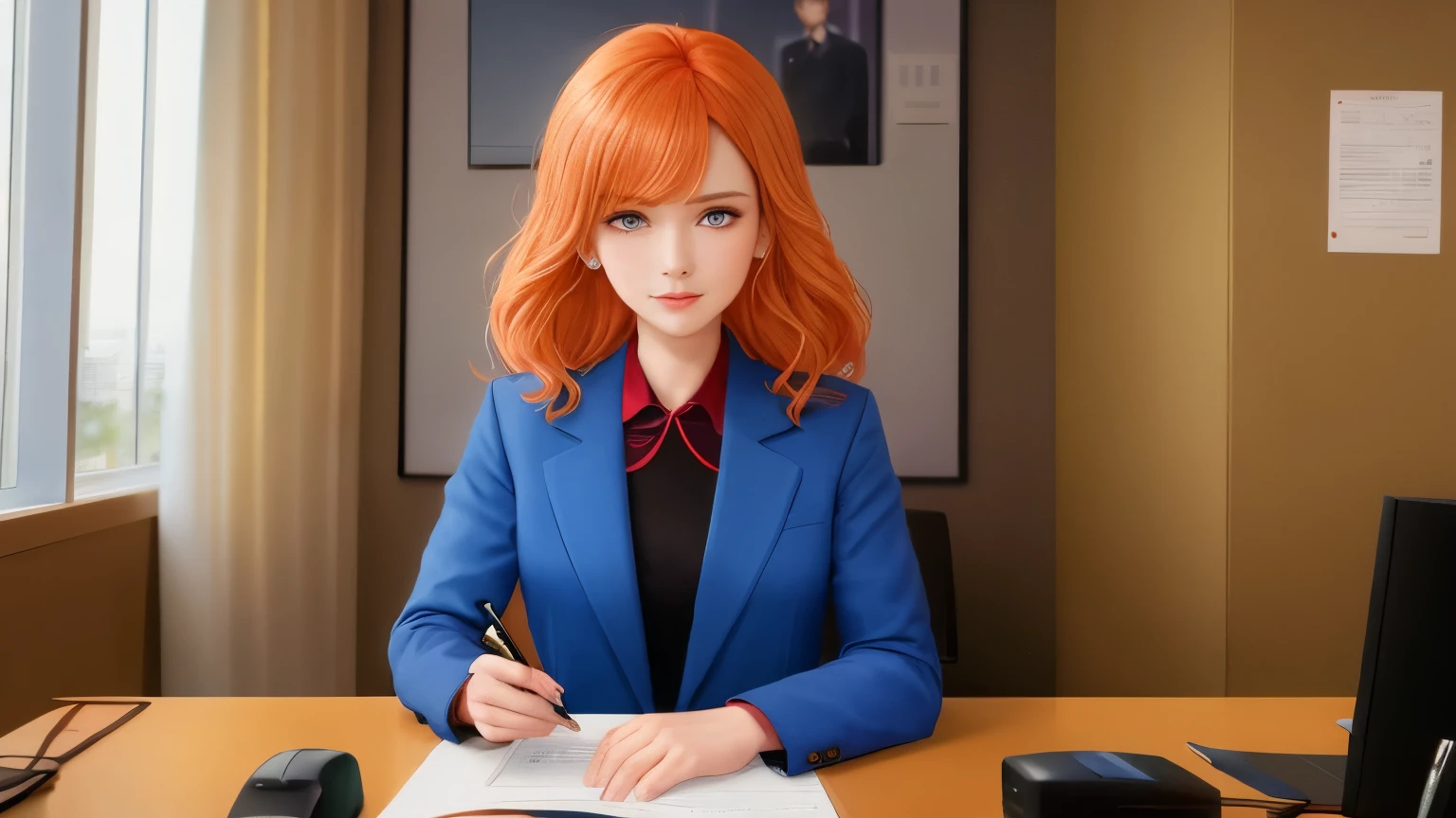 /draw orange hair woman green eyes sitting at desk talking on telephone with computer monitor, 1 9 8 0 s vaporwave business fashion, business woman, 1 9 8 0 s woman, woman in business suit, young business woman, denis velleneuve, female in office dress, sat at her desk, female lawyer, wearing a strict business suit, serious business, working hard, portrait of kim wexler