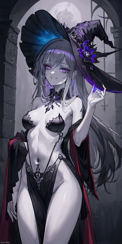 ((Best masterpiece, Perfect quality, Ultra detailed)), A witch girl, With skinny body, With small breasts, Wearing goth robe, Giggling