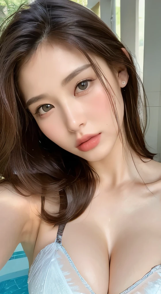 ((Highest quality, 8k, masterpiece :1.3)), One girl, Beautiful woman with slim abdominal muscles :1.3, Huge breasts :1.2, Seductive pose, Pool, Highly detailed face, Highly detailed lips, Detailed eyes, double eyelid