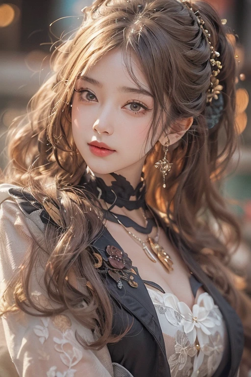 (masterpiece:1.3), (8k, Realistic, RAW Photos, Best image quality: 1.4), Japanese 、18-year-old,(Random Hairstyles:1.2)、Cleavage:1.2、Highly detailed face、Attention to detail、double eyelid、Chest to chest、Sharp focus:1.2、Beautiful woman:1.4、Light brown hair、Highest quality、masterpiece、Ultra-high resolution、(Realistic:1.4)、Highly detailed and professionally lit smiles、Loose fitting steampunk outfit、Shoulder out、thin、Serious expression、Holding a gorgeous necklace in her right hand, In the city、Eat dinner