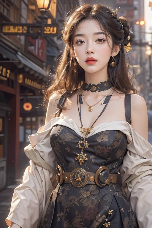 (masterpiece:1.3), (8k, Realistic, RAW Photos, Best image quality: 1.4), Japanese 、18-year-old,(Random Hairstyles:1.2)、Cleavage:1.2、Highly detailed face、Attention to detail、double eyelid、Chest to chest、Sharp focus:1.2、Beautiful woman:1.4、Light brown hair、Highest quality、masterpiece、Ultra-high resolution、(Realistic:1.4)、Highly detailed and professionally lit smiles、Loose fitting steampunk outfit、Shoulder out、thin、Serious expression、Holding a gorgeous necklace in her right hand, In the city、Eat dinner
