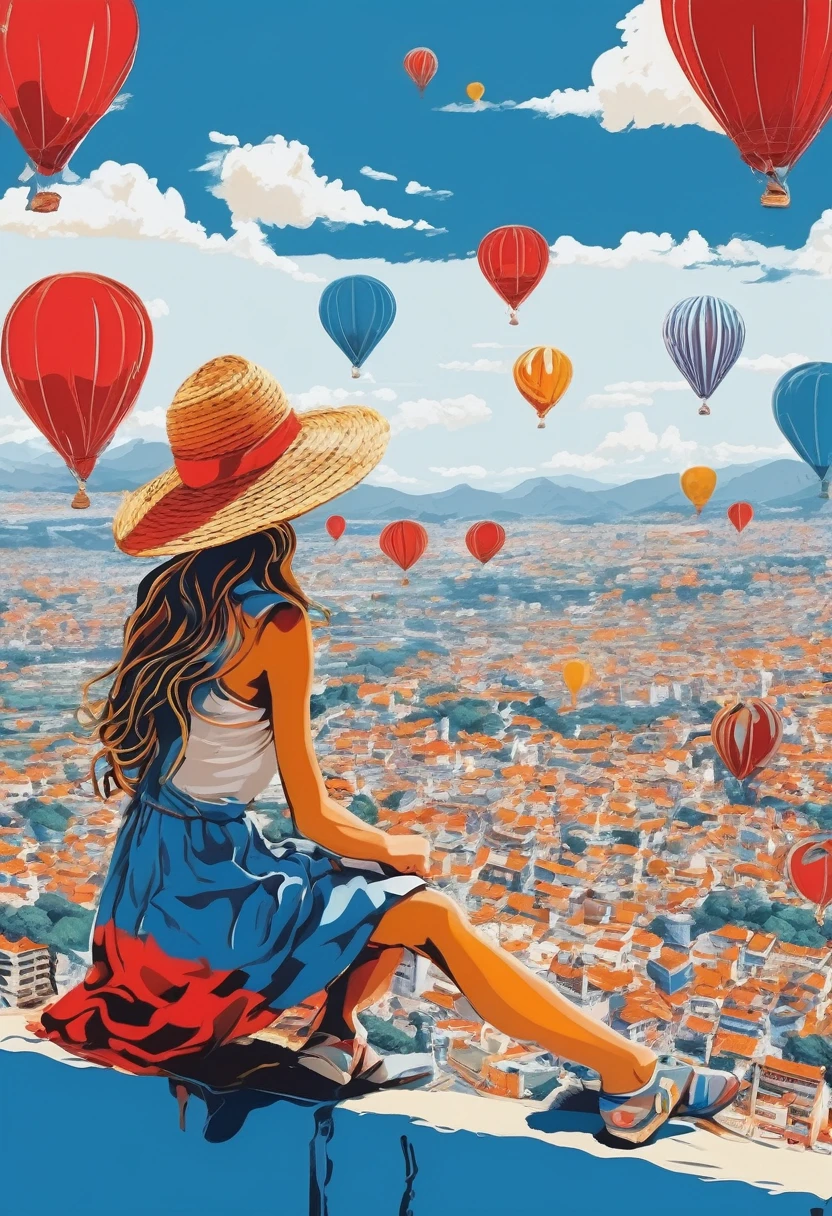 A girl sitting on a red, blue and white balloon、Girl in a straw hat、Smile、beautiful girl、profile、Flying high in the blue sky、Below you can see a small picture of the city.、Fancy、Pop Art、masterpiece、High definition、far and near method、warm color