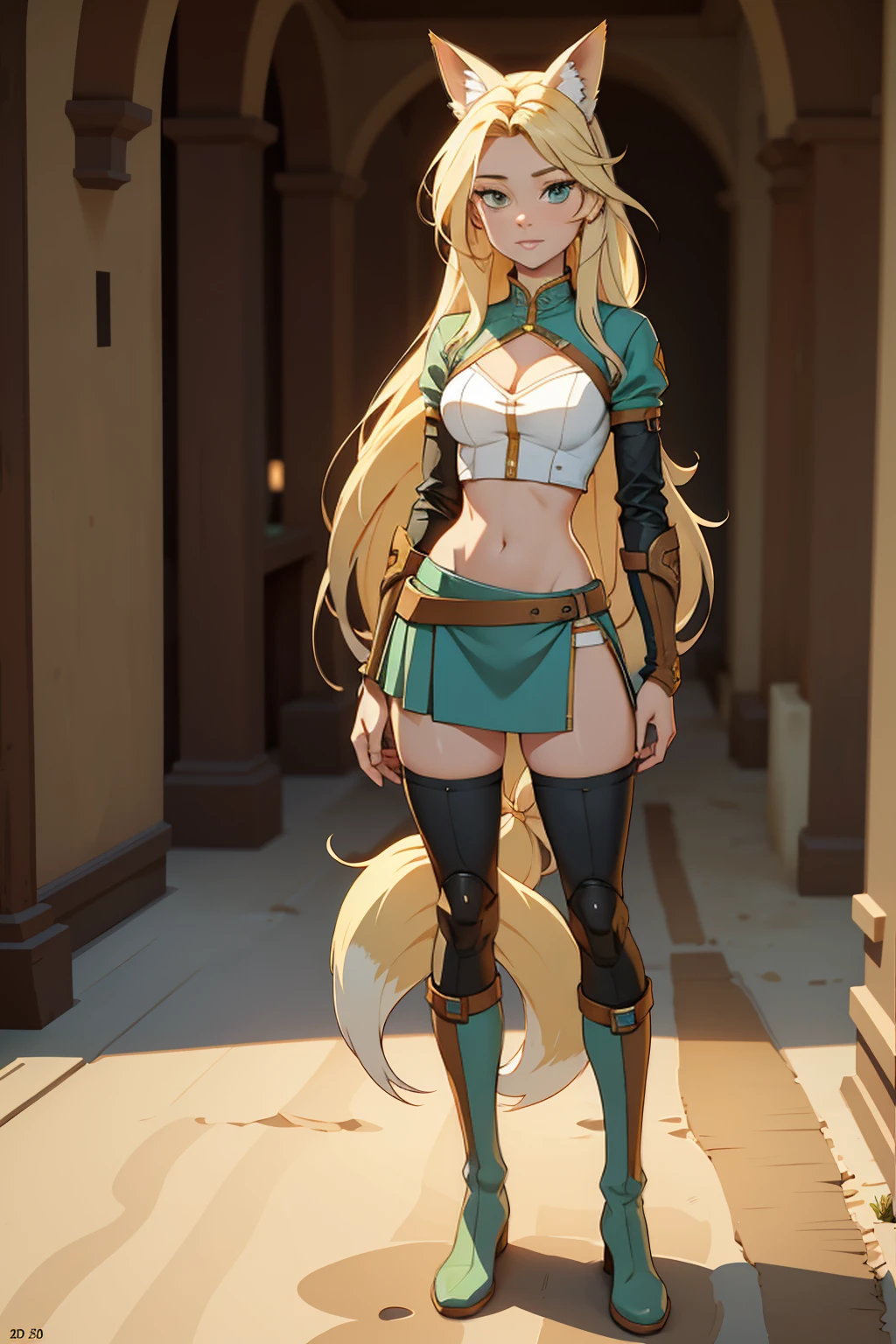 ((Full body photo, standing, feet on the floor)) Beautiful 1girl, full body, ager, solo, (very long waist length blonde hair, straight blonde hair: 1.28), ((light blue eyes)), clear skin, (large darker fox ears: 1.35), pale skin, medium breasts, cleavage, (thin hips, thin waist , athletic body: 1.25), background, looking away, (wearing cropped cloth tunic green, leather skirt, van braces, boots with shin guards, hair clip: 1.1), walking in the sand, masterpiece, best quality,3d rending work ,3DMM style, close-up, portrait, 3D,