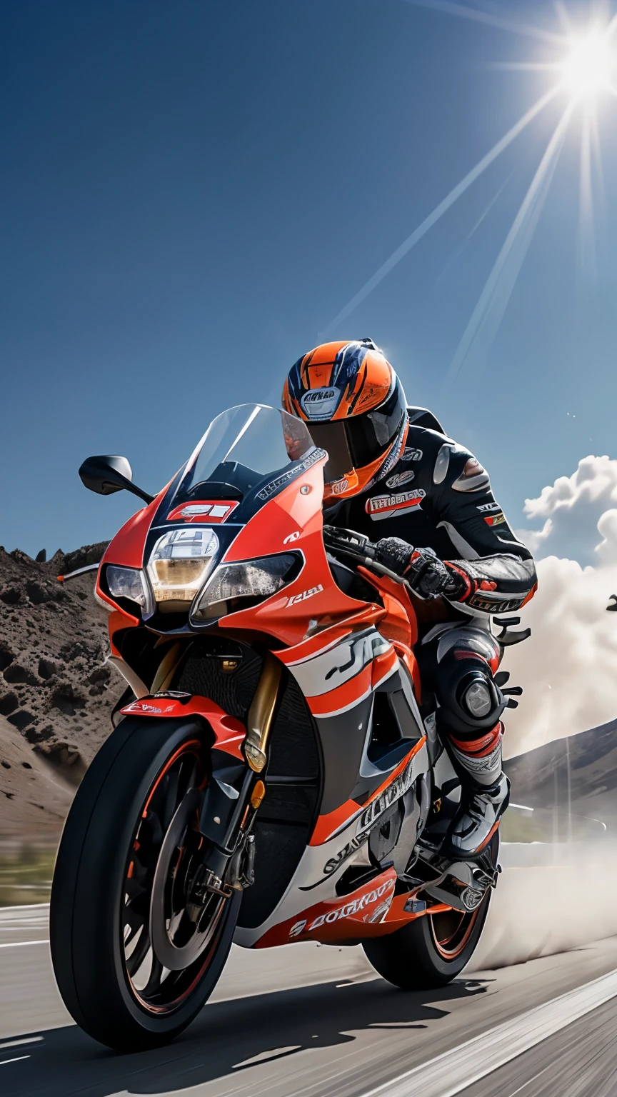 (best quality,4k,8 K,a high resolution,masterpiece:1.2),ultra-detailed,(realistic,photorealistic,фотоrealistic:1.37), boy, motorcycle racing outсо ответствовать, in a helmet, rushes at high speed along the highway, blur of surroundings, speed, clinging to the motorcycle, Sorvigolov, realistic, 8 K, Code photo, photo realistic, riding a Honda Repsol superbike, ((film grain, hips, light particles ,dust, Extreme camera angle))