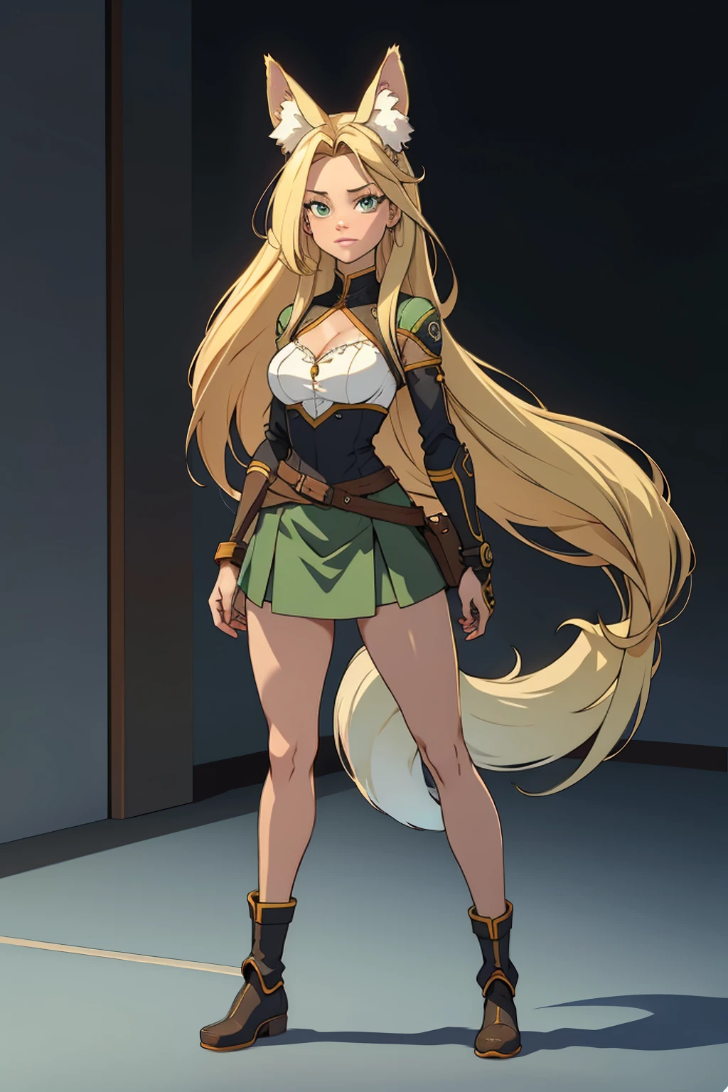 ((Full body photo, standing, feet on the floor)) Beautiful 1girl, full body, ager, solo, (very long waist length blonde hair, straight blonde hair: 1.28), ((light blue eyes)), clear skin, (large darker fox ears: 1.35), pale skin, medium breasts, cleavage, (thin hips, thin waist , athletic body: 1.25), background, looking away, (wearing cropped cloth tunic green, leather skirt, van braces, boots with shin guards, hair clip: 1.1), walking in the sand, masterpiece, best quality,3d rending work ,3DMM style, close-up, portrait, 3D,