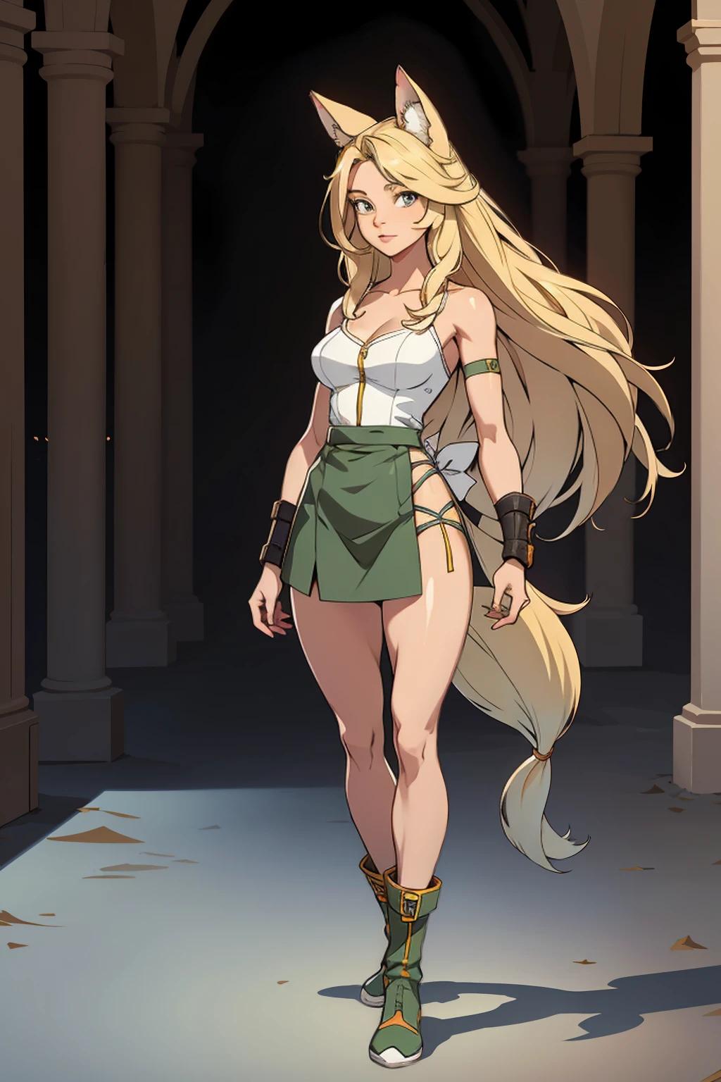 ((Full body photo, standing, feet on the floor)) Beautiful 1girl, full body, teenager, solo, (very long waist length blonde hair, straight blonde hair: 1.28), ((light blue eyes)), clear skin, (large darker fox ears: 1.35), pale skin, medium breasts, cleavage, (thin hips, thin waist , athletic body: 1.25), background, looking away, (wearing cropped cloth tunic green, leather skirt, van braces, boots with shin guards, hair clip: 1.1), walking in the sand, masterpiece, best quality,3d rending work ,3DMM style, close-up, portrait, 3D,