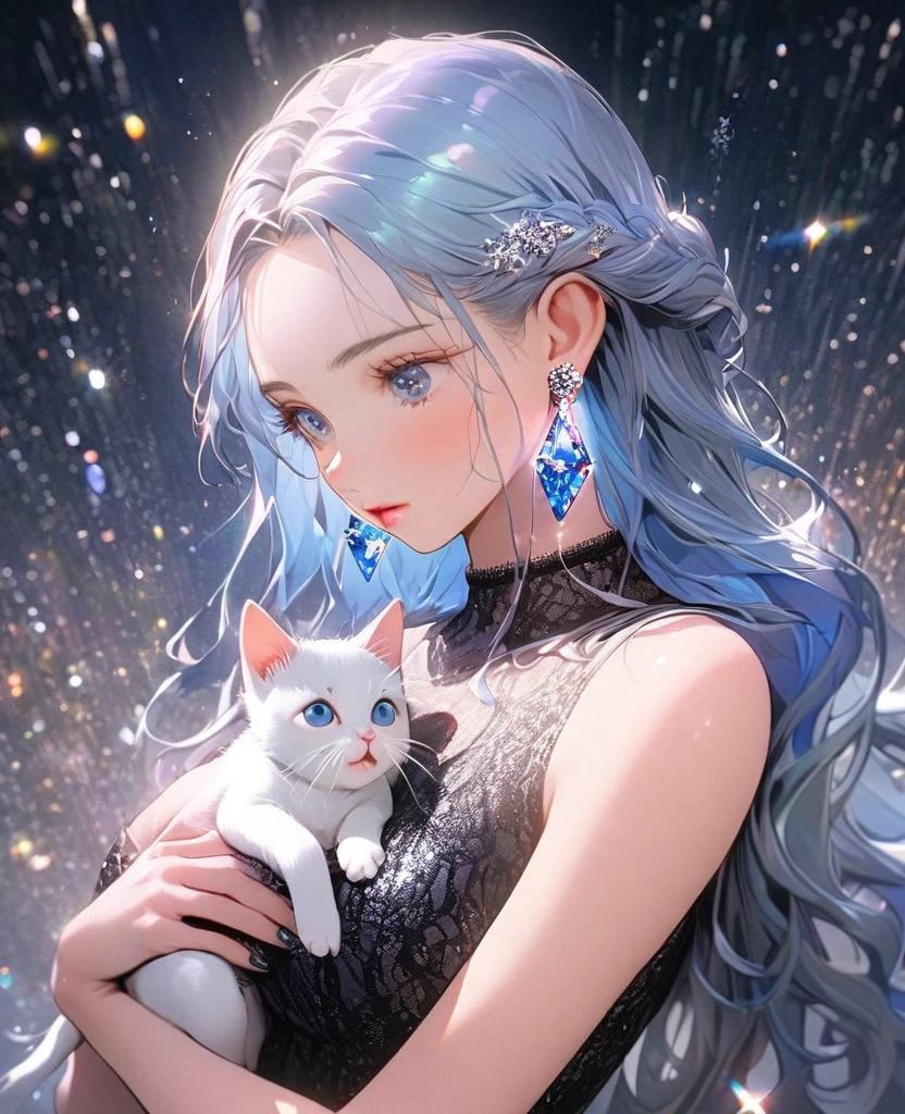 8K,gal,an extremely delicate and beautiful,Beautiful and realistic skin,Shiny jewel-like earrings,Shine like glitter long blue hair,beautiful eyes,glitter background,black tight knit one piece,holding a kitten,full body,emphasize the bust