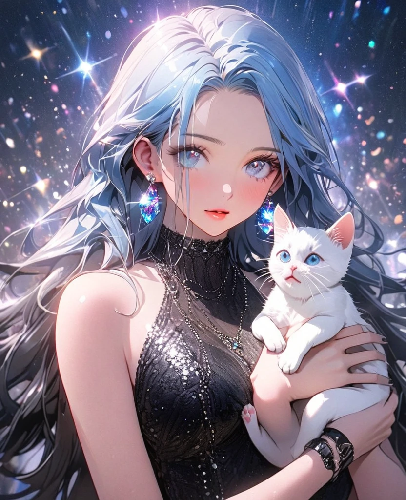 8K,gal,an extremely delicate and beautiful,Beautiful and realistic skin,Shiny jewel-like earrings,Shine like glitter long blue hair,beautiful eyes,glitter background,black tight knit one piece,holding a kitten,full body,emphasize the bust