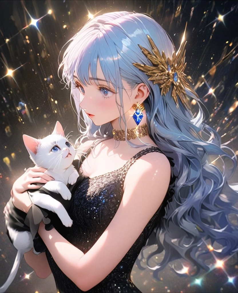 8K,gal,an extremely delicate and beautiful,Beautiful and realistic skin,Shiny jewel-like earrings,Shine like glitter long blue hair,beautiful eyes,glitter background,black tight knit one piece,holding a kitten,full body,emphasize the bust