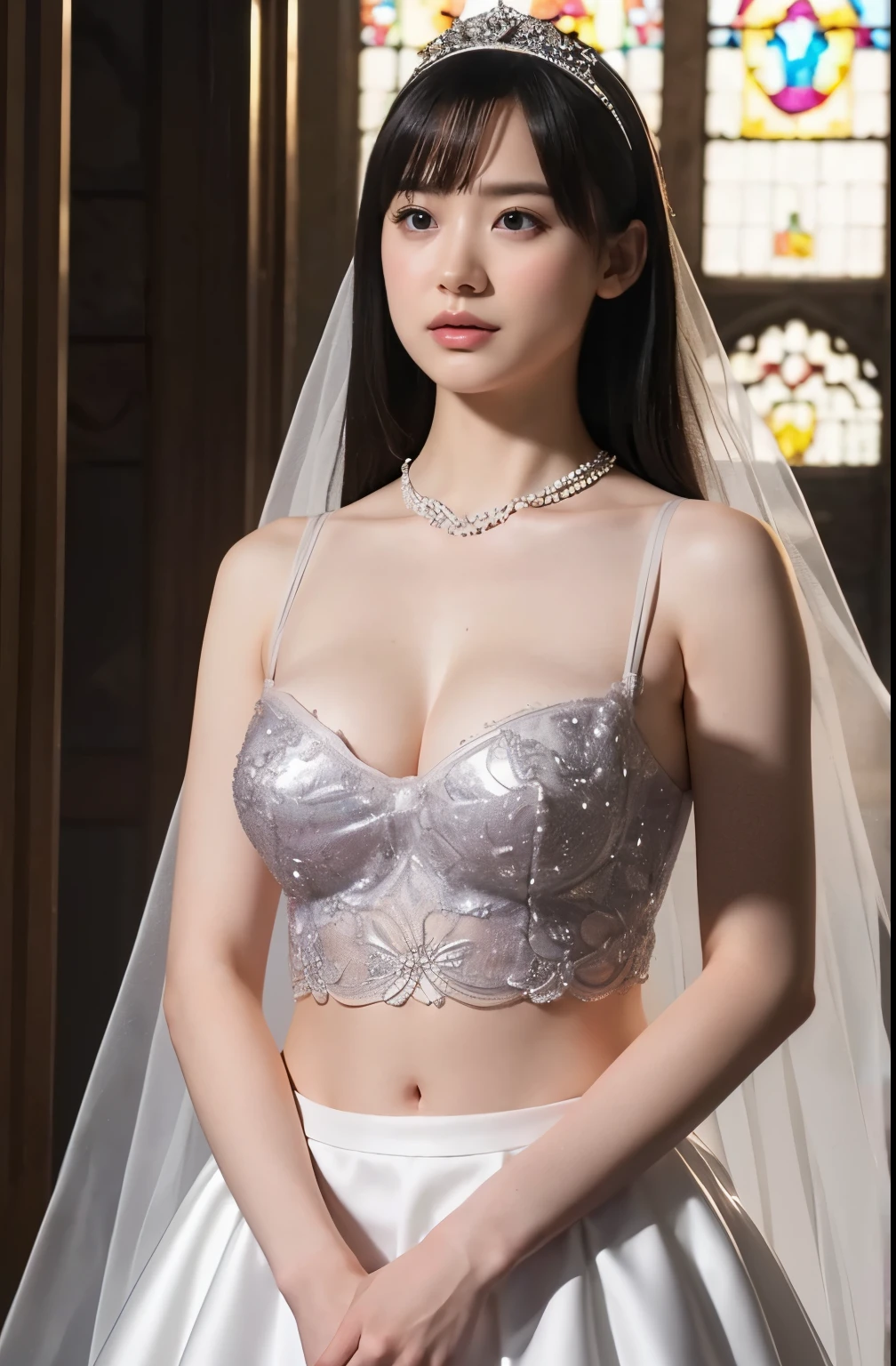 Naked,Full body like," Figure, Bride's outfit without shoulder straps,Small silver tiara,Colossal tits,sloppy and droopy breasts, heavy breasts almost exposed ,Fully visible bust,Sheer princess skirt,Wedding in the church,There is a large crowd of participants behind you, the perfect body, (Best Quality, 4K, 8K, High resolution, masutepiece:1.2), Ultra-detailed, (Realistic, Photorealistic, Photorealsitic:1.37), royal, Captivating, (Vibrant colors, sharp chest:1.1), Soft lighting", transparent dress. micro pantie. deep breasts cleavage. transparent micro bra. navel exposed. thin waist.
