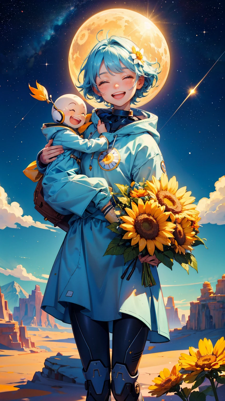 A cute girl with smiley  happy open mouth face, text "GOOD good morning" on its body and various carrying signs that say words like Earth, , animal, sun, wind, water, robot, sky, flower, mountain, cave, space, and star, features desert-like terrain with small mountains