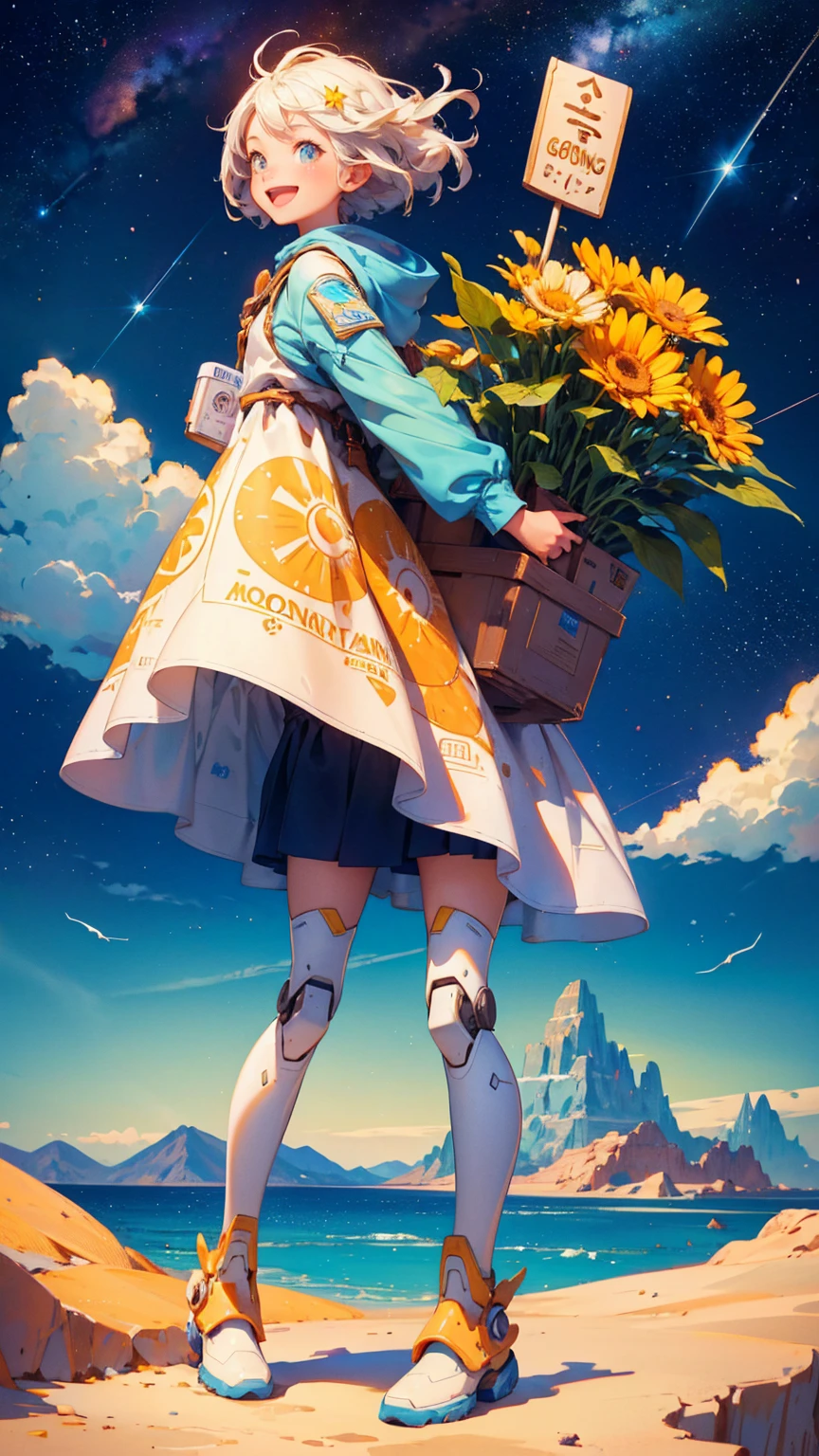 A cute girl with smiley happy open mouth face, text "GOOD good morning" on its body and various carrying signs that say words like Earth, , animal, sun, wind, water, robot, sky, flower, mountain, cave, space, and star, features desert-like terrain with small mountains