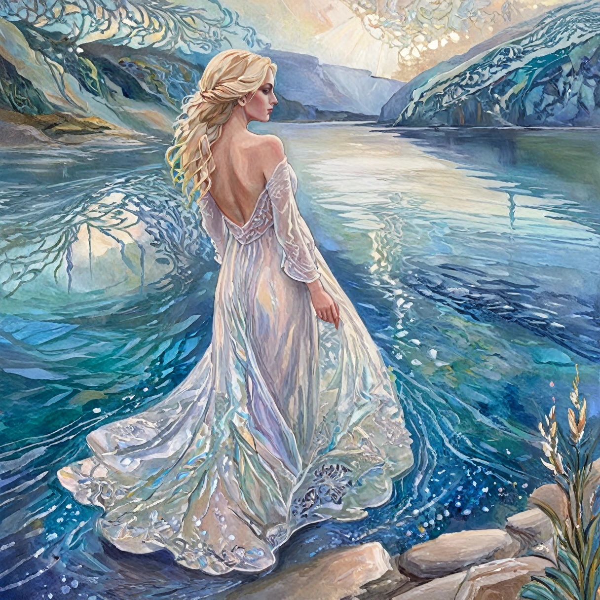 painting , fleeting, ethereal, alluring, sparkling, artistic, mysterious, delicate, complex,  twisted, blonde lady on the shore looking out over a lake of water, cinematic