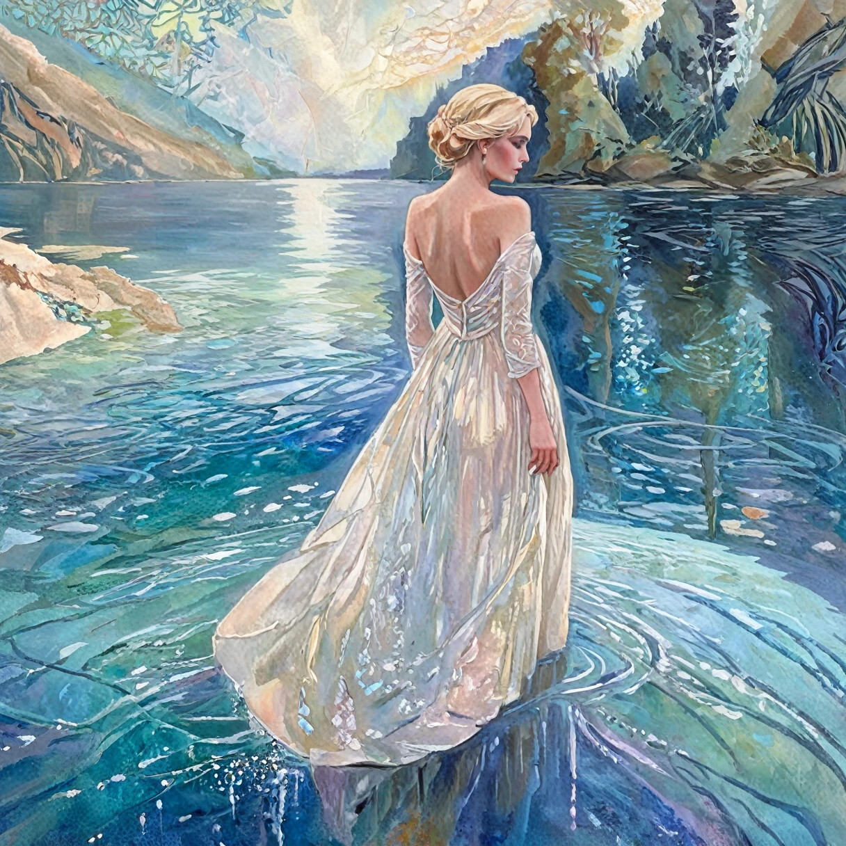 painting , fleeting, ethereal, alluring, sparkling, artistic, mysterious, delicate, complex,  twisted, blonde lady on the shore looking out over a lake of water, cinematic