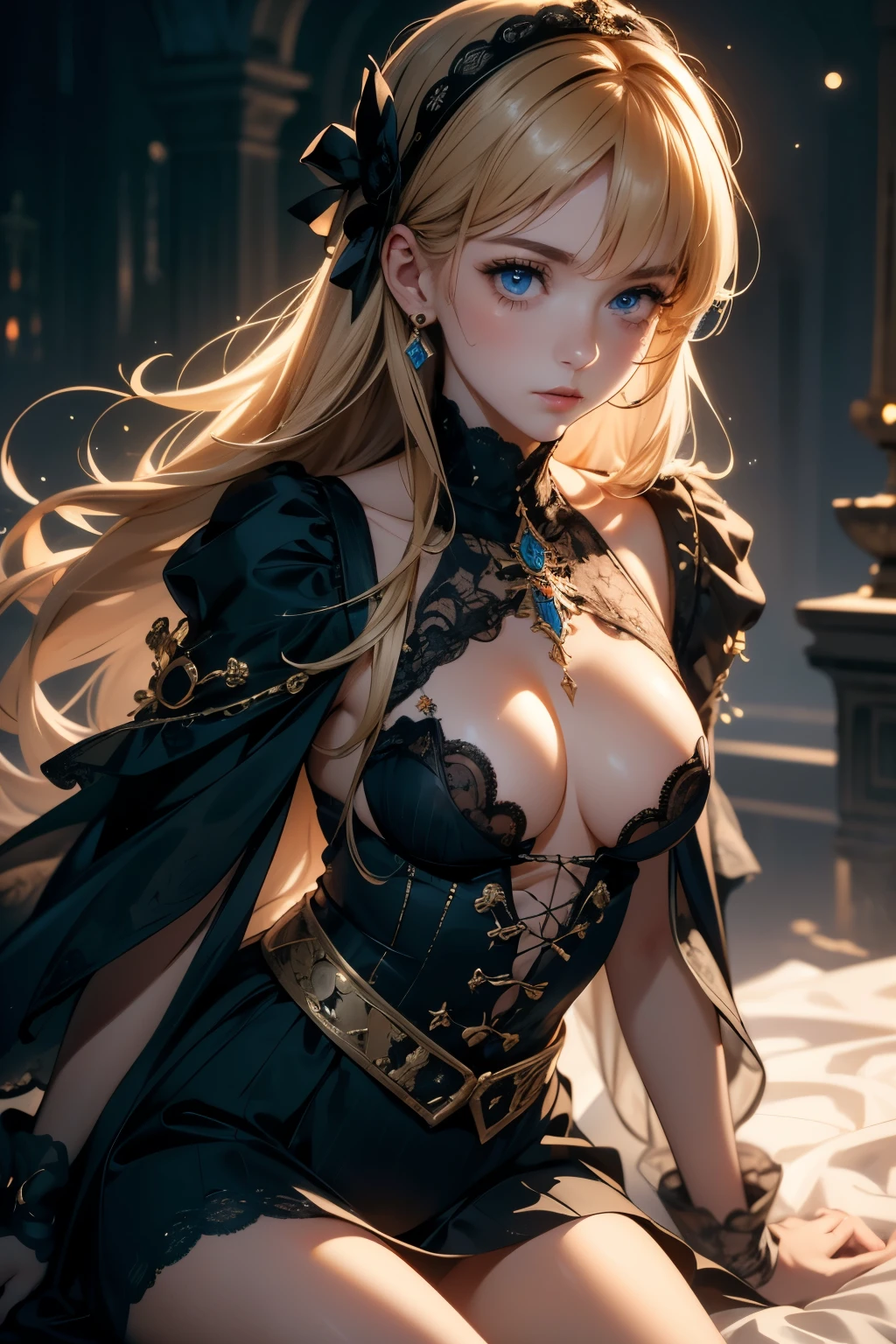 ((best quality)), ((masterpiece)), (detailed), perfect face, a beaituful goddess enshrined in armour, grand in scale and intricacy, Bloodborne inspired, occult aesthetic, occult, detailed and intricate steampunk and detailed gothic, Very dramatic and cinematic lighting, cosmic horror, grim dark, Red and white with a sense of technology, side-lighting, NSFW, Depicting female characters from ethereal anime in a high-quality anime art style, gothic ta, beautiful small breasts, full body, whole body, body