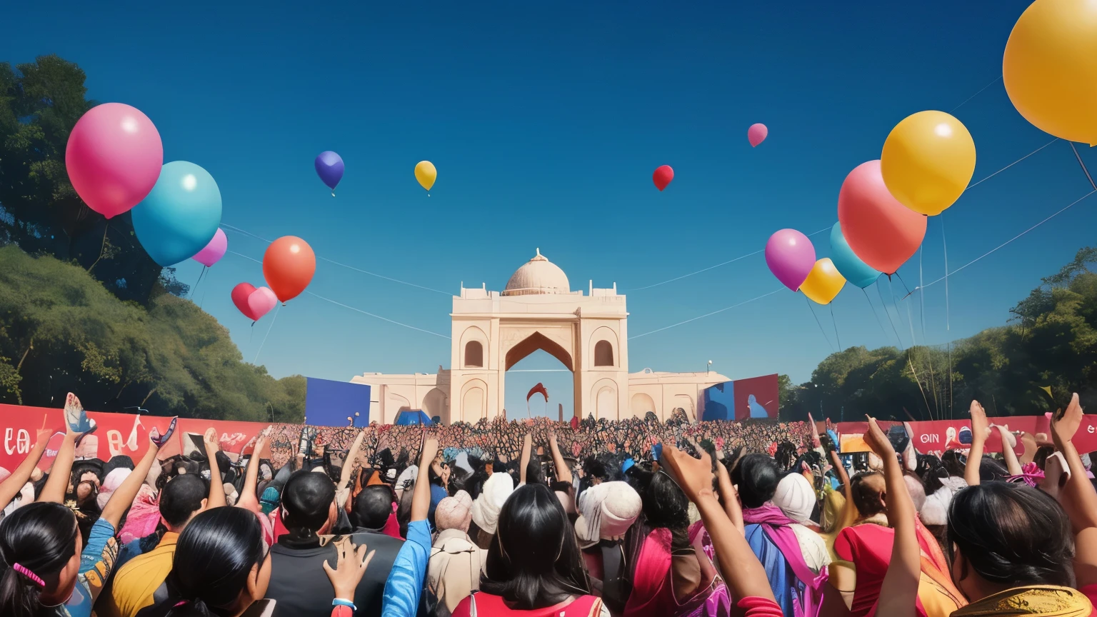((best quality)), ((masterpiece)), (detailed), A digital illustration of a big crowd of Indian people cheering and clapping for a long black haired female superhero, with ribbons and balloons in the background.