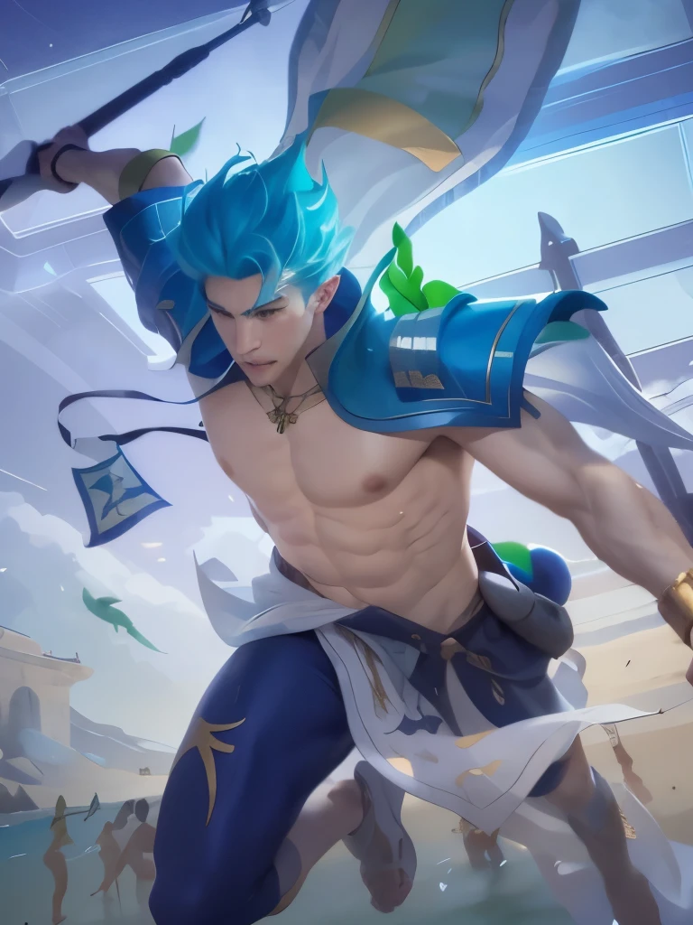 Galafuz, 20-year-old boy, lean toned, bowl-cut white hair, his skin color is tropical Latin, he is naked, coming out of the sea, behind him is an army of sea elves, who are also coming out of the sea, going towards the sand of the beach, many of the sea elves are riding sea monsters, Galafuz is the god of the seas, he is commanding the army of sea elves, Galafuz is in an action pose, he is raising his arms and summoning sea storms, many rays, his eyes are energy, full body, powers, sexy guy, sexy gay, naked, army of sea elves, full body,6 firm packs, detailed abs