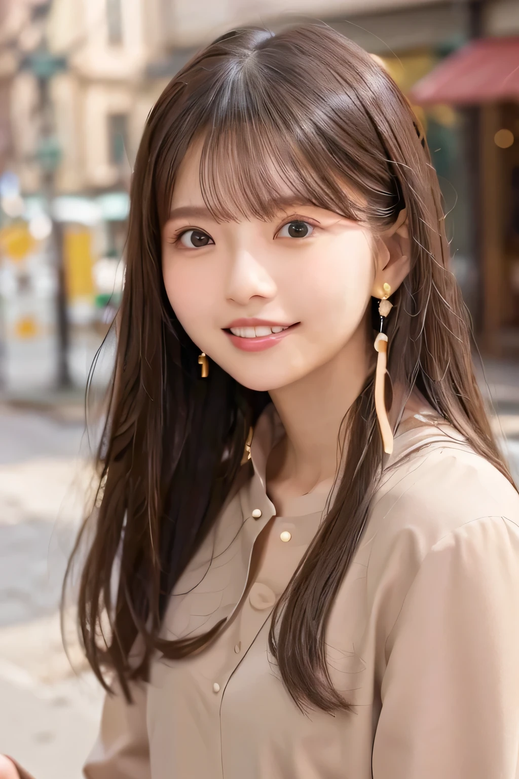 8K、highest quality、Clear Beauty、Light brown hair、smile、Beautiful teeth alignment、Long sleeve blouse、Ear piercing、Necklace around the neck、Looking at the camera、The background is the building's corridor.