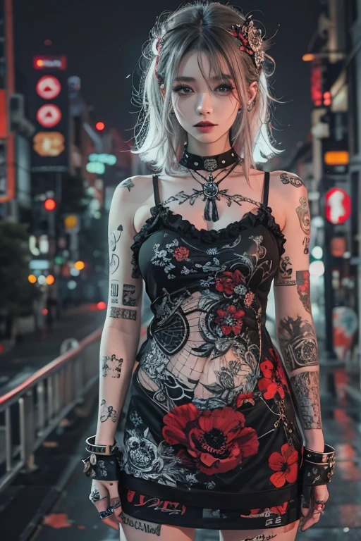 Highest quality、8k、masterpiece：1.3、Gothic Punk、The inner color is red、Gray Black Hair、hair ornaments、beautiful girl、creative、Punk Shirt、Neogoth、Goth Fashion：1.2、High resolution、masterpiece、Highest quality、頭w:1.3、((Hasselblad Photos))、Fine skin、Sharp focus、(Cinema Lighting)、Explore Tokyo&#39;The city at night beyond the neon lights, Forehead open, 17 years old、Petting&#39;Hair back、Shoulder Bare、Small red rose tattoo on the décolletage、Just one tattoo