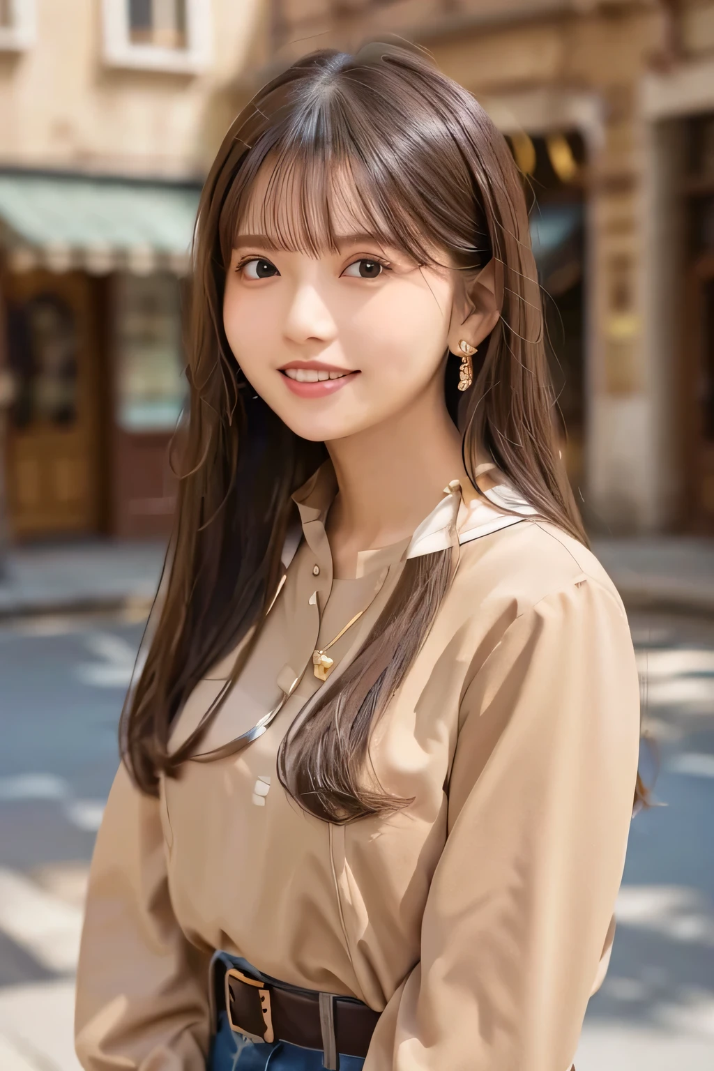 8K、highest quality、Clear Beauty、Light brown hair、smile、Beautiful teeth alignment、Long sleeve blouse、Ear piercing、Necklace around the neck、Looking at the camera、The background is the building's corridor.