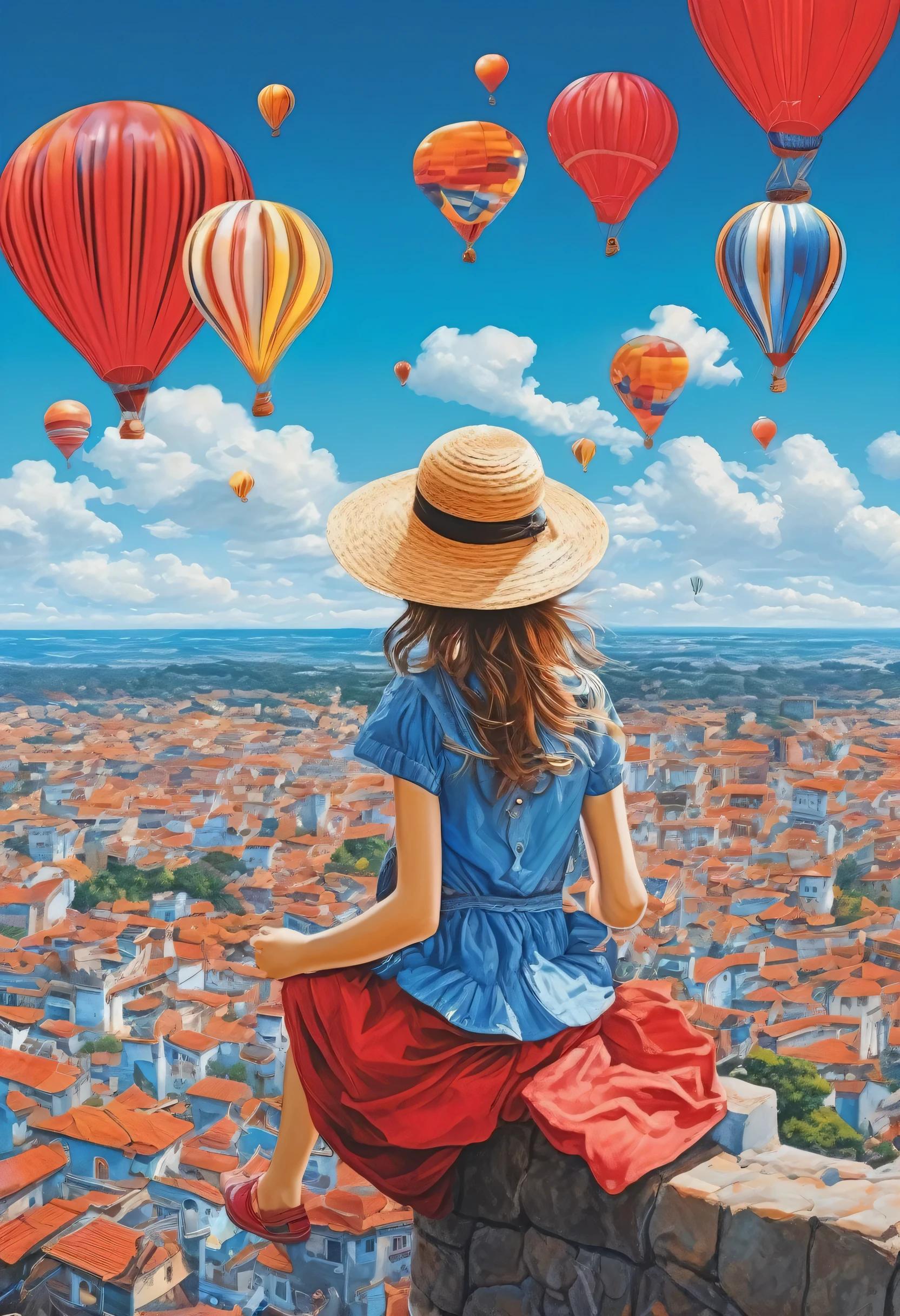 A girl sitting on a red, blue and white balloon、Girl in a straw hat、Smile、beautiful girl、profile、Flying high in the blue sky、Below you can see a small picture of the city.、Fancy、Pop Art、masterpiece、High definition、far and near method、warm color