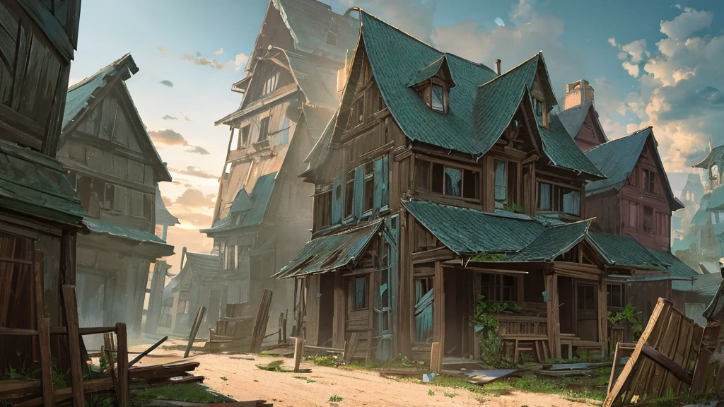 Abandoned village, broken wooden houses, fallen people