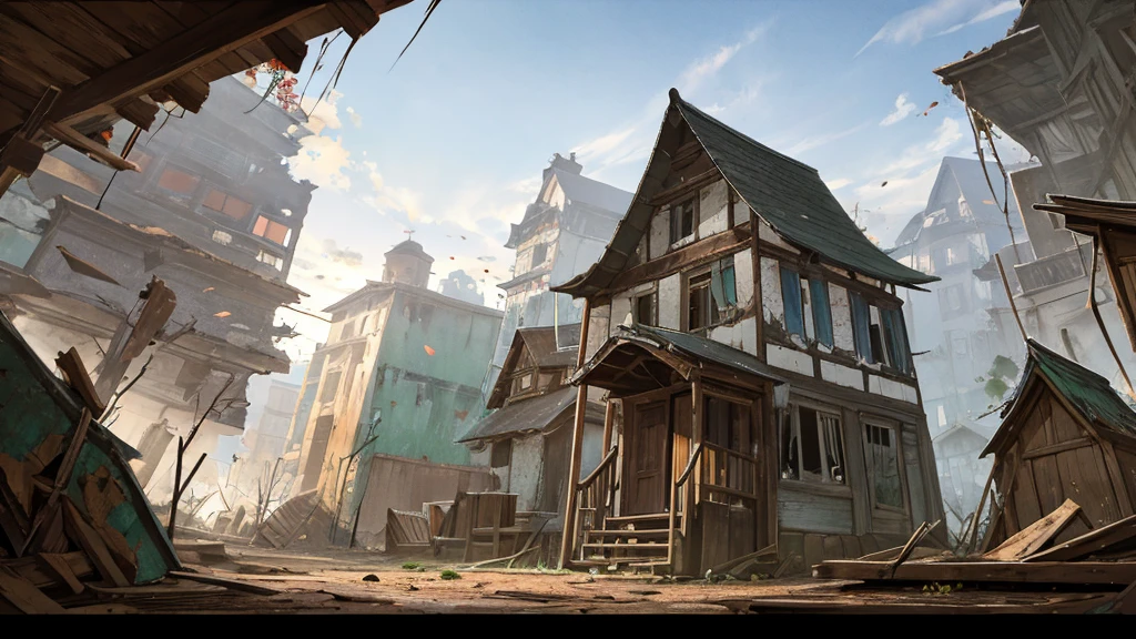 Abandoned village, broken wooden houses, fallen people