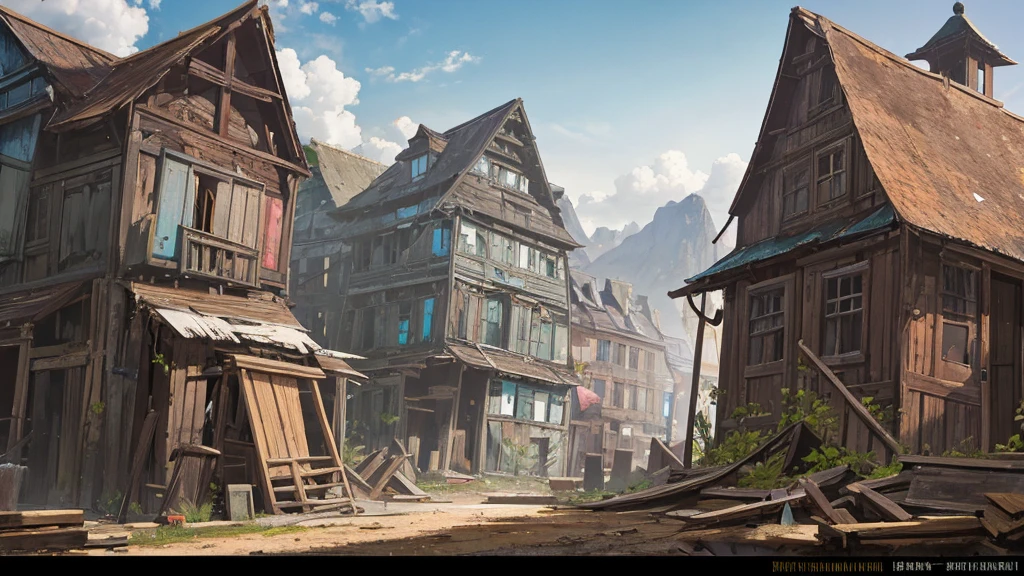 Abandoned village, broken wooden houses, fallen people