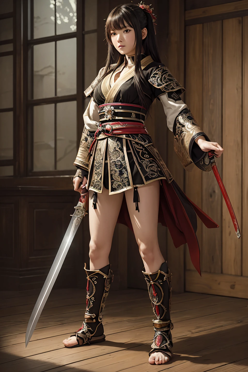 (In the Dark: 1), (highest quality), (Reality: 1), Movie Posters, Realistic skin texture, Very detailed, 8k wallpaper, Volumetric lighting, Dynamic Lighting, With a girl, Long black ponytail hair, Black Robe　Ample breasts, Red Belt, small amount of armor, Pauldrons, Waist Guard, Handguard, Veil, holding a long sword in front of you,hold a trench knife, (((She lifts her skirt to reveal her beautiful pussy))), ancient Chinese style, short sword at waist, attack posture, Bloodstain, Torn clothes, Battlefields of Ancient China, A group of ancient soldiers chasing and killing, Arrows fly, war is flying, night, Dramatic composition, Around the sword, rich background details, war,