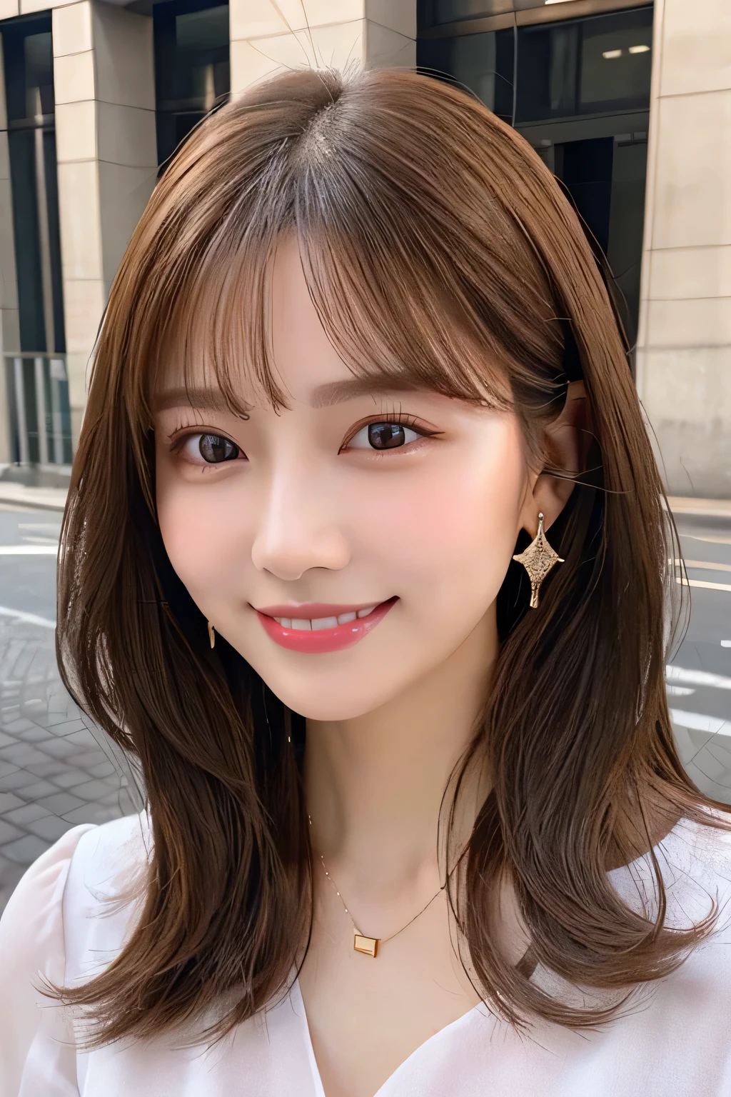 8K、highest quality、Clear Beauty、Light brown hair、smile、Beautiful teeth alignment、Long sleeve blouse、Ear piercing、Necklace around the neck、Looking at the camera、The background is the building's corridor.