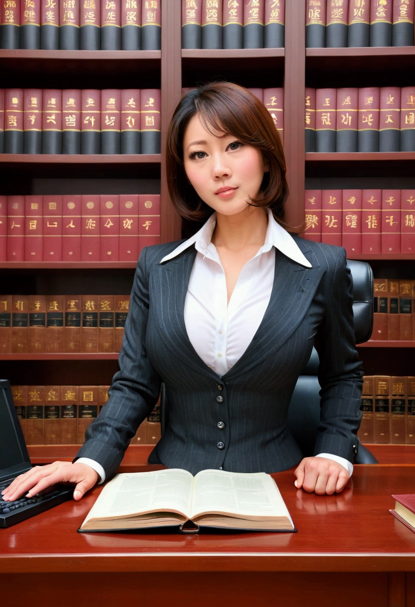 lawyer, gigantic breasts, business suits, tight skirt, cleavage:-2, (buttoned shirts:1.3)