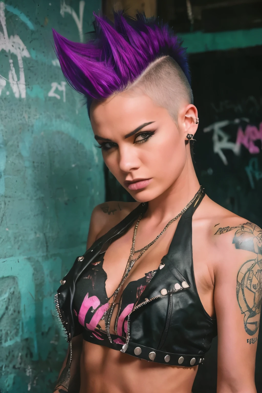 Photorealistic, ultra-detailed, ((Rocker punk girl, spiky mohawk hair)) girl, hot Body Brazilian Girl V.IT:1.4, ABS, tattoo, t-shirt nipples, t-shirt write "666".portrait photo, grunge, side viewer, Solo, dimly lit room, edgy urban scene with graffiti, dark and moody, late evening, city lights flashing, neon lighting The essence of rock and roll, Spike hair, 18 years old, assertive, confident expression, showcasing multiple piercings, blurry background, Crystal clear eyes gleaming with passion, analogue style, grunge texture, Best contrast, industrial, Instagram LUT, Professional, 4k, electrifying gaze, shot on Nikon, 50mm, shallow depth of field,  ((Abandoned Graffiti Wall Background, cinematic lighting )).