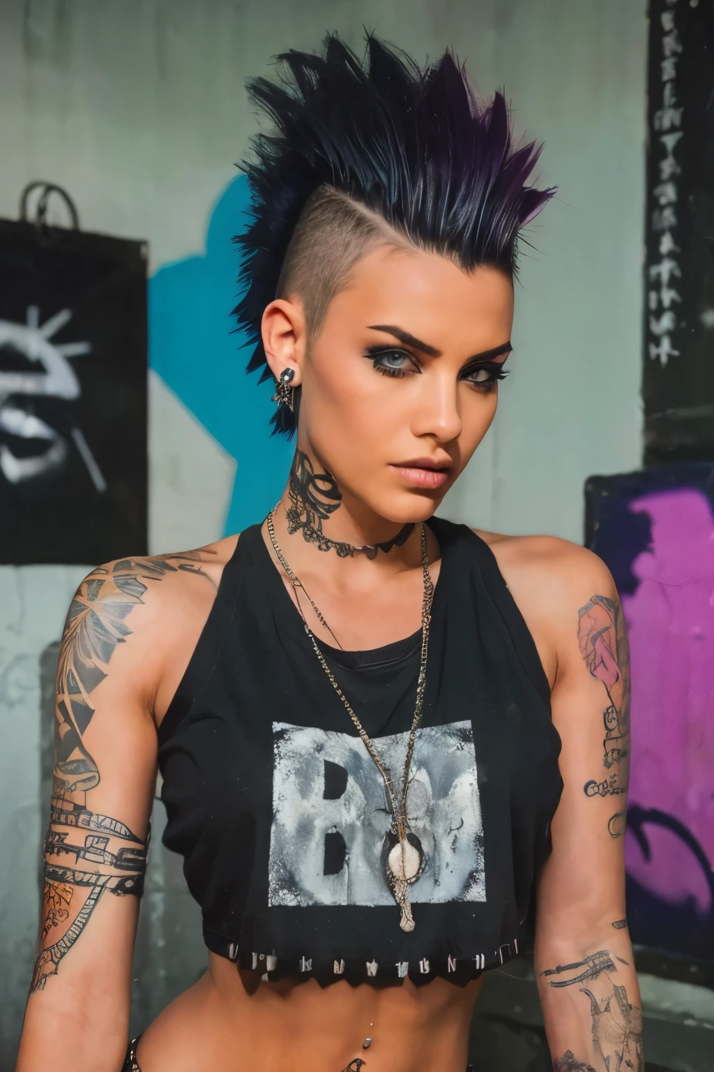 Photorealistic, ultra-detailed, ((Rocker punk girl, spiky mohawk hair)) girl, hot Body Brazilian Girl V.IT:1.4, ABS, tattoo, t-shirt nipples, t-shirt write "666".portrait photo, grunge, side viewer, Solo, dimly lit room, edgy urban scene with graffiti, dark and moody, late evening, city lights flashing, neon lighting The essence of rock and roll, Spike hair, 18 years old, assertive, confident expression, showcasing multiple piercings, blurry background, Crystal clear eyes gleaming with passion, analogue style, grunge texture, Best contrast, industrial, Instagram LUT, Professional, 4k, electrifying gaze, shot on Nikon, 50mm, shallow depth of field, ((Abandoned Graffiti Wall Background, cinematic lighting )).