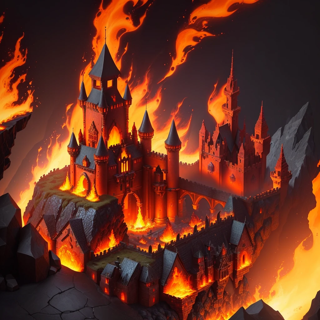 a close up of a cartoon castle surrounded by fire and rocks, firey environment, hellfire background, burning city background, hell background, volcanic workshop background, burning village, burning buildings, full dress of lava showcase, an ancient city on fire, isometric game art, fire demon, city on fire background, colorful warcraft architecture, official screenshot, ingame image