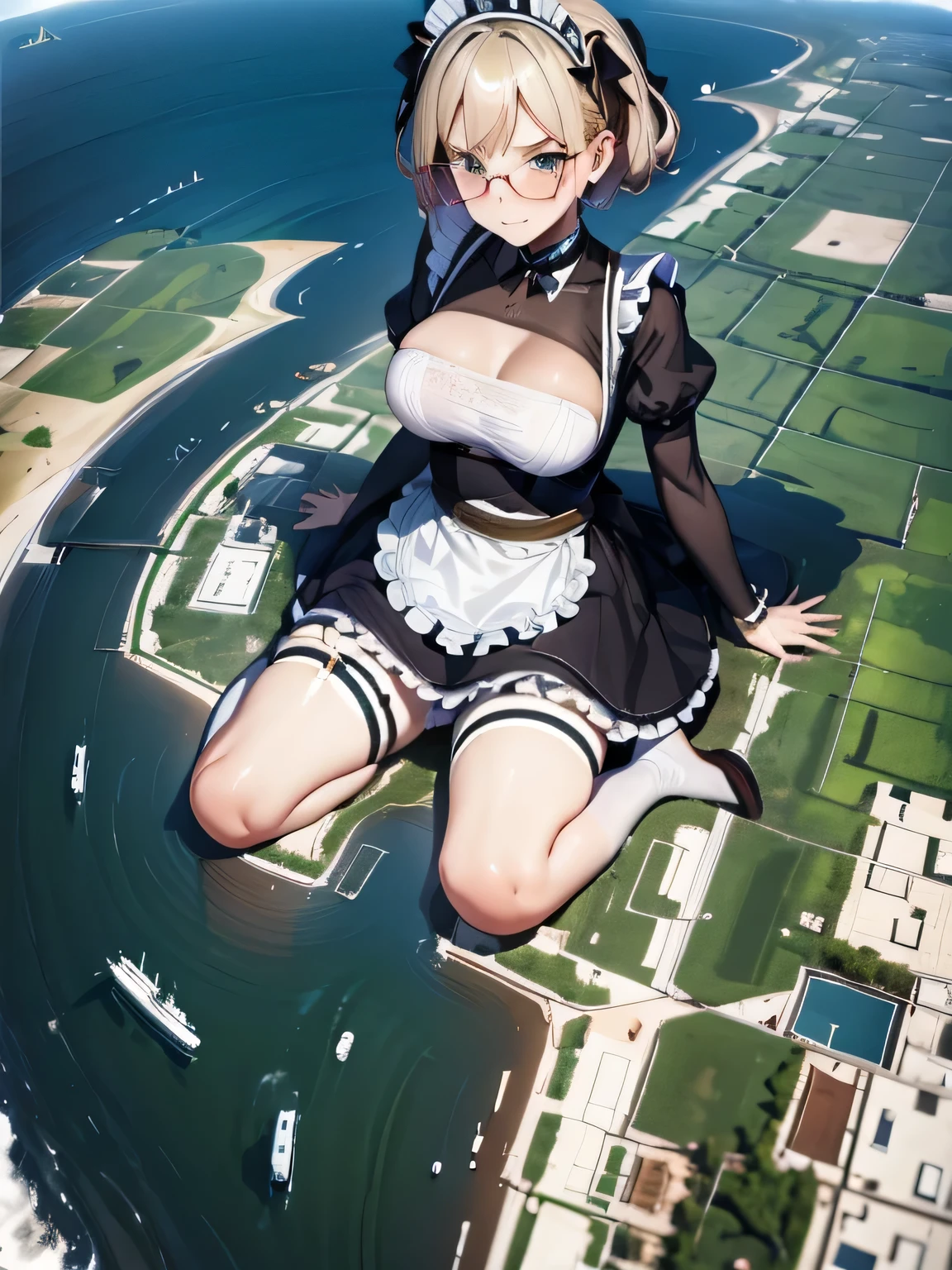 multiple girls, 3girls, kneeling, giantess art, highly detailed giantess shot, giantess, most detailed, perfect face, two legs, five fingers, short hair, beautiful girl bigger than a skyscraper, wearing rimless glasses, smiling, huge breasts, maid, maid outfit, black pantyhose, no shoes, toes visible through pantyhose, steam coming out of soles of feet, seaside metropolis, ocean, destroying city, under heavy attack, very small metropolis, miniature metropolis, full body depiction, GTS, giga giant, trampling city, crashed city, small city, micro city, pantyhose feet, high resolution, best quality, masterpiece,