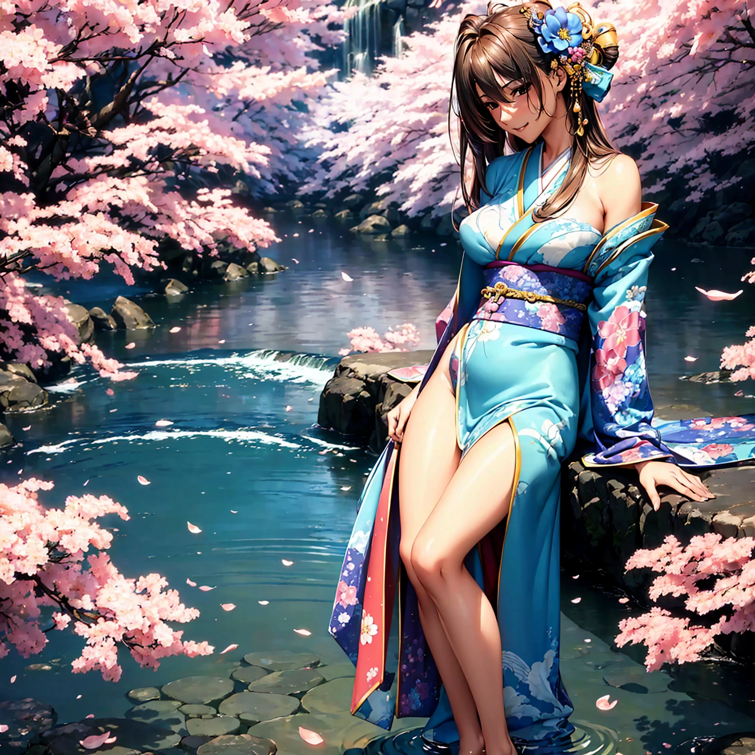 (((Highest quality、masterpiece、Very high resolution、Highly detailed images))),Beauty Painting,(A woman of perfect and ultimate beauty:18-year-old, Beautiful body:Slender and beautiful breasts、Beautiful Face:smile、Beautiful Hair:Colored)、(Best skin and hair texture)、((Beautiful Japanese Kimono:Floral:Exposed shoulders)),Beautiful waterfront:Cherry blossoms and waterfall,Natural light,Beautiful views,Beautiful colors,Beautiful posture,Realistic skin and body textures:1.5、Realistic breast texture:1.5、(Beautiful posture:1.5)、Model pose、Sculpture Pose、Photo engraving、photo shoot、Overall image、Accurate Images、Accurate anatomy、Perfect Image,Beautiful images,(Best Shot,RAW Photos:1.2)