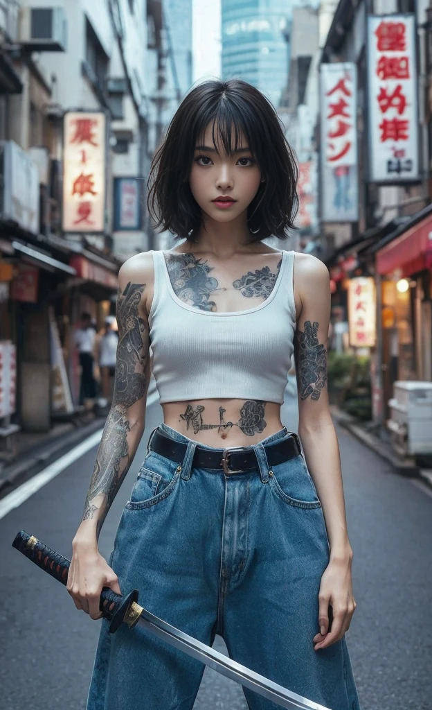 8k,Realistic Skin Texture、Superrealism、Realistic Photo、Japanese women、、Standing with a Japan sword、draw oneself up to one's full height.、The tip of the sword is pointed towards me、Tank top,Oversized jeans、sneakers、Shinjuku Back Alley、Innovative composition、Full body photo、、A wistful look、Tattoo