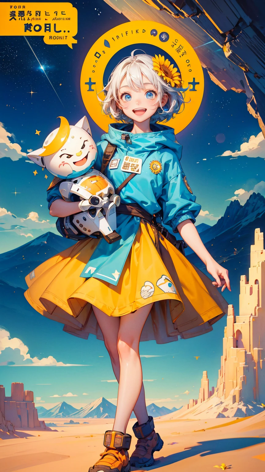 A cute girl with smiley happy open mouth face, text "GOOD good morning" on its body and various carrying signs that say words like Earth, , animal, sun, wind, water, robot, sky, flower, mountain, cave, space, and star, features desert-like terrain with small mountains