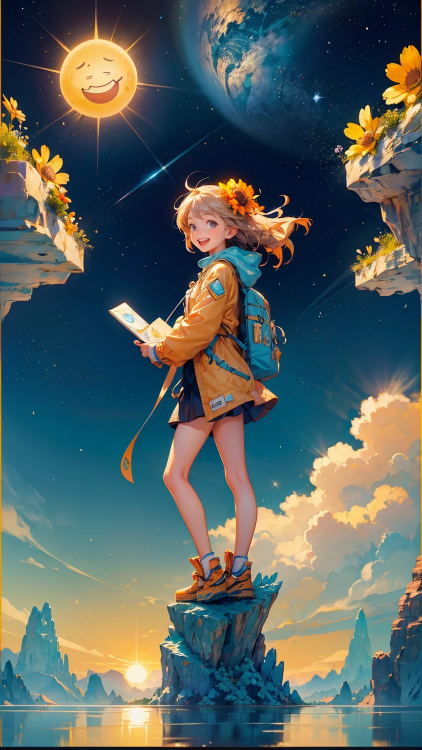 A cute girl with smiley happy open mouth face, text "GOOD good morning" on its body and various carrying signs that say words like Earth, , animal, sun, wind, water, robot, sky, flower, mountain, cave, space, and star, features desert-like terrain with small mountains