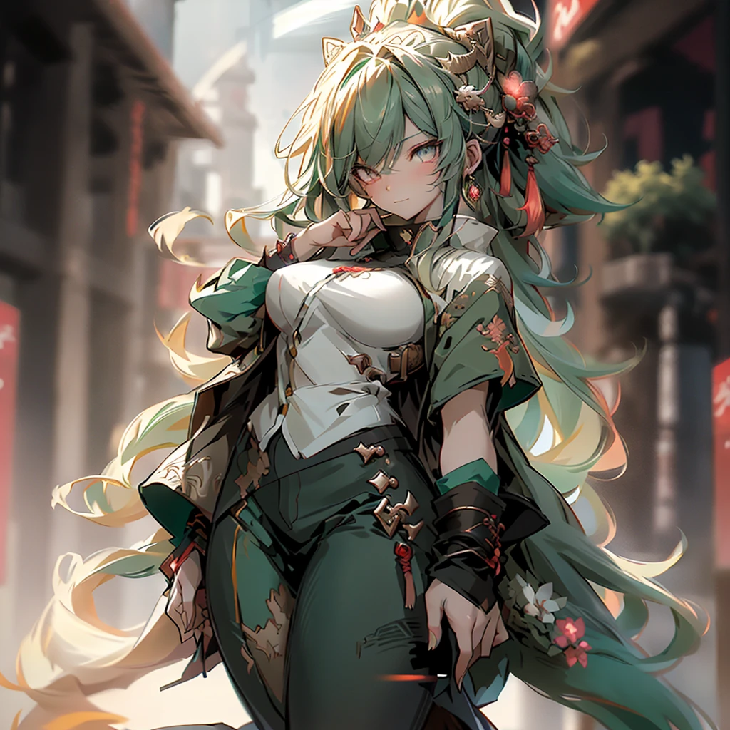 Appearance 1. Hair and eyes：With colours reminiscent of dragons、Hair is gradated from black to green and gold。The eyes are bright gold and emerald green.、Feel the power of a dragon。 2. tops：伝統的なチャイナドレスのデザインを取り入れたモダンなtops。for example、A tight-fitting shirt with a high neck and embroidery。The colors are mainly red and gold.。 3. Bottoms：Skirt and black leggings combo。The skirt has a design reminiscent of dragon scales and flames.、It can indirectly evoke the dragon.。 4. shoes：Stylish yet practical sneakers。for example、Simple design with gold and red accents。 Accessory 1. Decorations：Modern accessories with a dragon motif。Add some minimalist dragon-shaped earrings or bracelets.、You can emphasize the dragon image.。 background 1. background：A neon city illuminated by the moon。A row of futuristic skyscrapers、Draw a night cityscape with neon lights。On the moon, a silhouette that looks a bit like a dragon appears.、It indirectly reminds me of a dragon.。 Pauseとexpression 1. Pause：ブルース・リーを参考にした戦闘の最中のPause。Hold your left hand、Touching nose with right thumb。The presence of enemies should not be shown in the illustrations.。 2. expression：自信に満ちたexpressionや、With a slightly challenging smile、Strength and cuteness stand out。Concept Art、Lens flare、Fluorescent color、Hero、Cowboy Shot、sexy、nsfw
