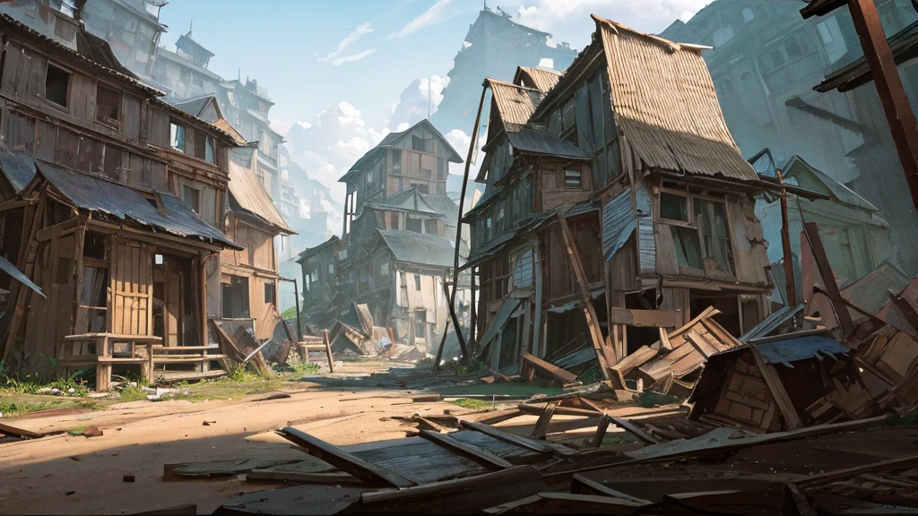 Abandoned village, broken wooden houses, collapsed people