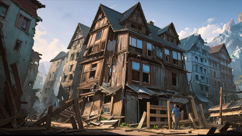 Abandoned village, broken wooden houses, collapsed people