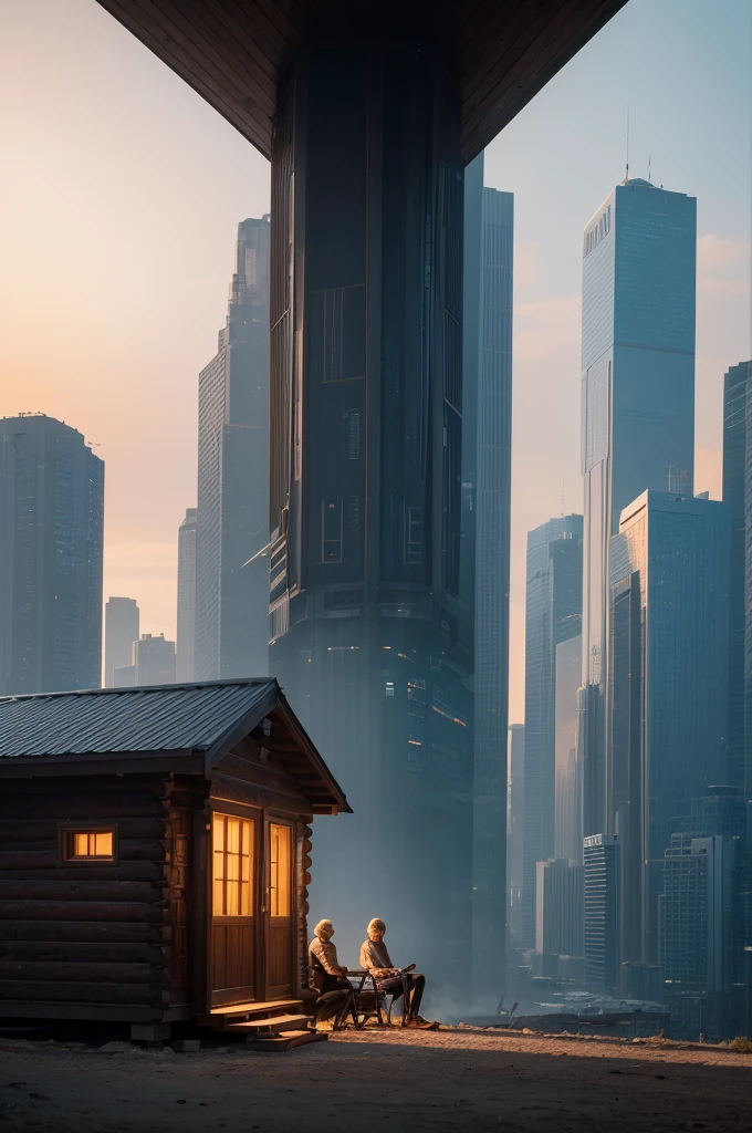 Small old wooden cabin surrounded by an ultra futuristic cyberpunk megacity in the distant future. A man puts his hand on the leg of a blonde woman with brown eyes, against her will, sitting outside.
Photographed from several dramatic angles by Eric Zener. Dramatic and volumetric lighting. 8k HD RAW image. High detail