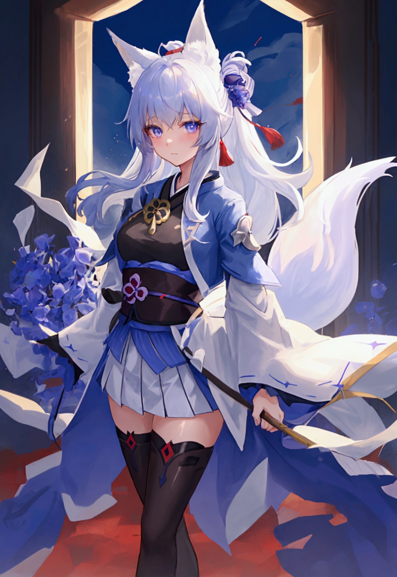 A girl in her twenties with blue-white hair, blue-purple gradient pupils, a small tail, and a fox-girl robe. girl, kimono, ponytail ,gray hair, purple eyes, magic circle, blue fire, blue flame, wallpaper, landscape, Blood, Blood splatter, Depth of the bounds written, night, particles of light, light, side light, thighs, destiny \(series\), genshin impact, open jacket, skirt, Thighhighs, cloud　Anime Style　fox　blue　White-faced golden-haired nine-tailed fox　Coat blue　Blue Moon　Red Moon　mysterious background　Blue Flame　Anime Style　fox　blue　White-faced golden-haired nine-tailed fox　Coat blue　　　mysterious background　Blue Flame　Anime Style　A girl with long blonde hair and fox ears is standing in front of a full moon, Blue haired wolf girl, A very beautiful anime fox girl, Ahri, Beautiful fox woman, Anime Wallpaper, Blue Fire Power, Fox Three-tailed fox, Anime Wallpaper, Beautiful Heavenly Magician　Indigo and white fur　Beastman Fox Indigo　mysterious background　Blue Flame　Beastman　Beautiful eyes、Beautiful eyes　Well-formed face　Floating Mysterious Sphere　Clench your fists
