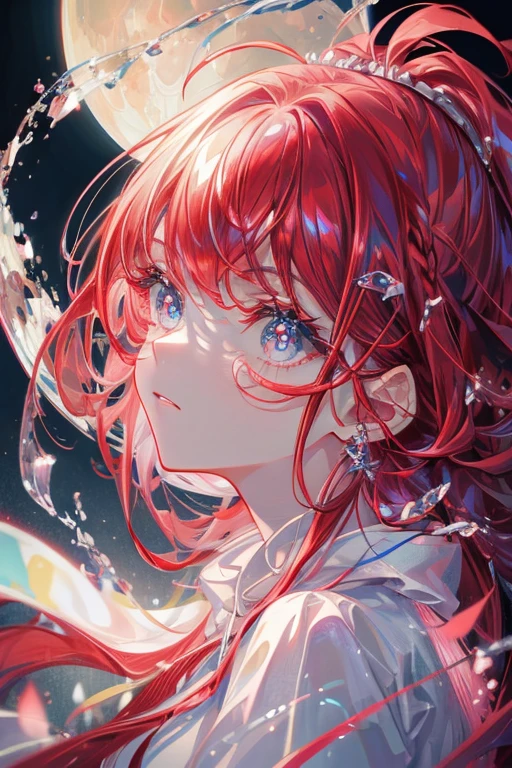 (masterpiece、8k、Highest quality)、(Soft Light:1.3), Detailed face, Beautiful Eyes,Big Moon(Support Hair)、Red Hair、Multi-colored hair、Bright Eyes、Night Sky