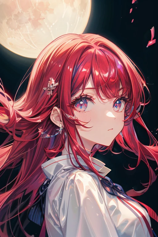 (masterpiece、8k、Highest quality)、(Soft Light:1.3), Detailed face, Beautiful Eyes,Big Moon(Support Hair)、Red Hair、Multi-colored hair、Bright Eyes、Night Sky