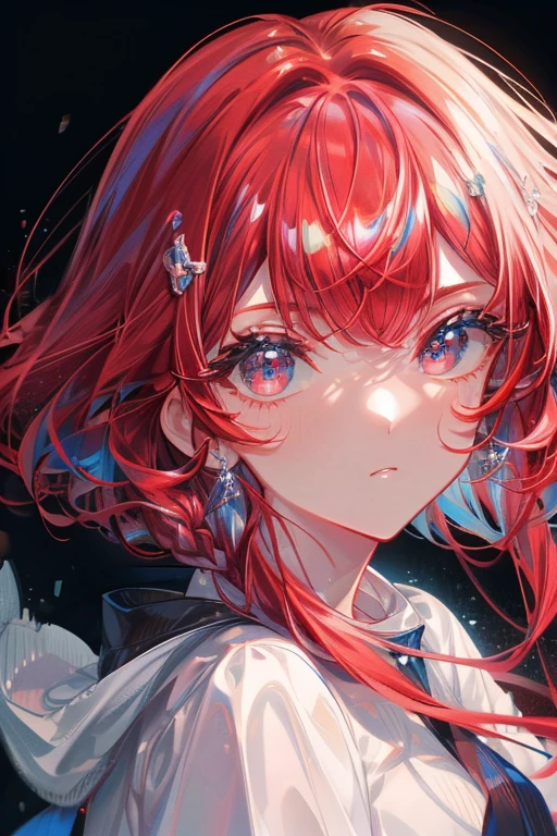 (masterpiece、8k、Highest quality)、(Soft Light:1.3), Detailed face, Beautiful Eyes,Big Moon(Support Hair)、Red Hair、Multi-colored hair、Bright Eyes、Night Sky