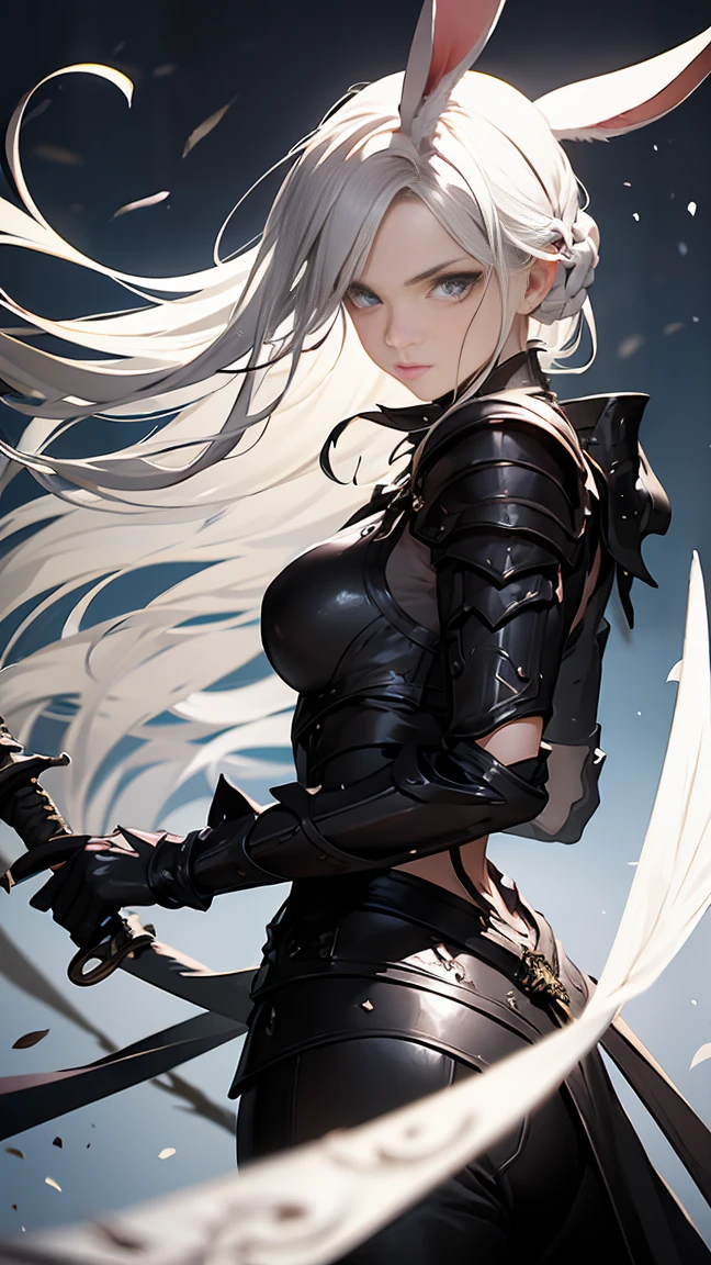 ((best quality)), ((masterpiece)), (detailed), perfect face, Highly detailed face, detailed eyes, (looking at viewer:1.2), (white hair), bangs, ((hair over shoulder)), floating hair, (rabbit ears), black armor worn by medieval Western knights, the shiny design, the fantasy novels, the powerful gaze, grip the sword, hold the sword, fantasy art, Goldsmith Armor, burning ruins, forehead protector